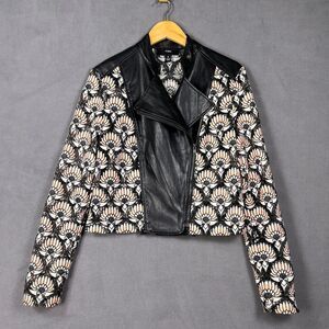 YYIGAL Faux Leather Floral Lace Moto Biker Jacket Size S Black Pink Blush